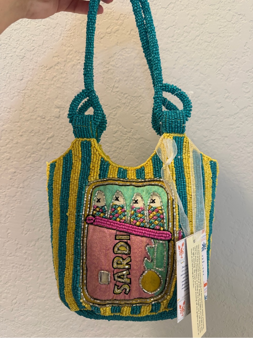 Viral Green & Yellow Striped Beaded
Sardine Bag NWT